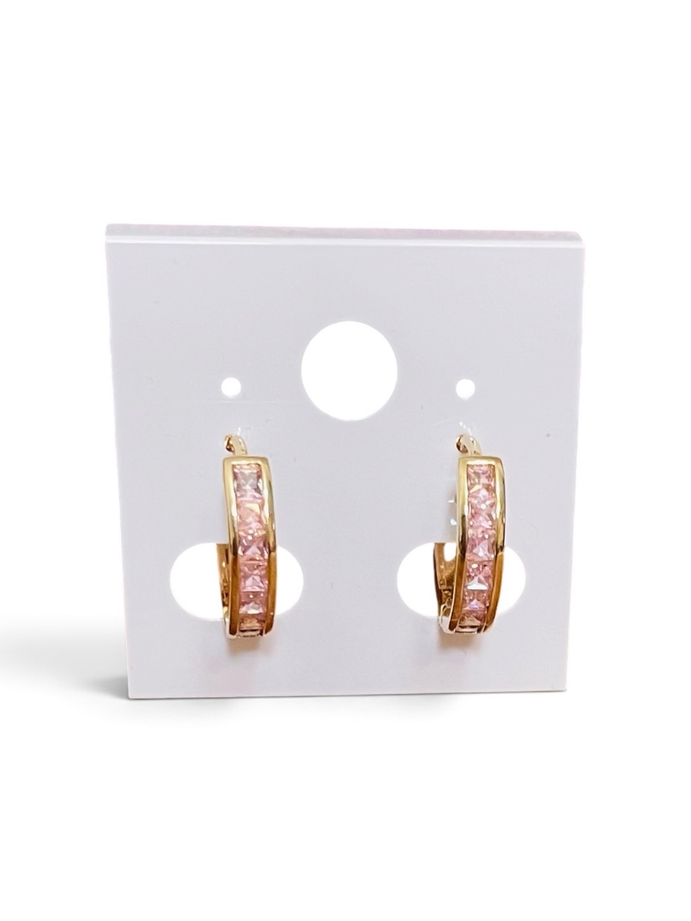 Gold Plated Huggie Hoop Earrings with Pink CZ Channel Set Stones NIP